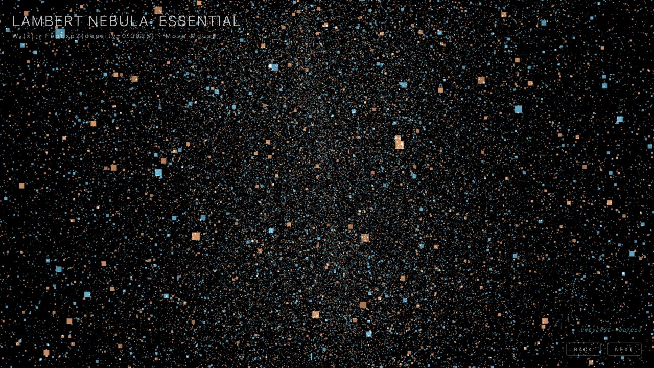 푸른빛과 주황빛 입자가 깊이 있는 공간을 이루는 Lambert Nebula: Essential 실행 화면