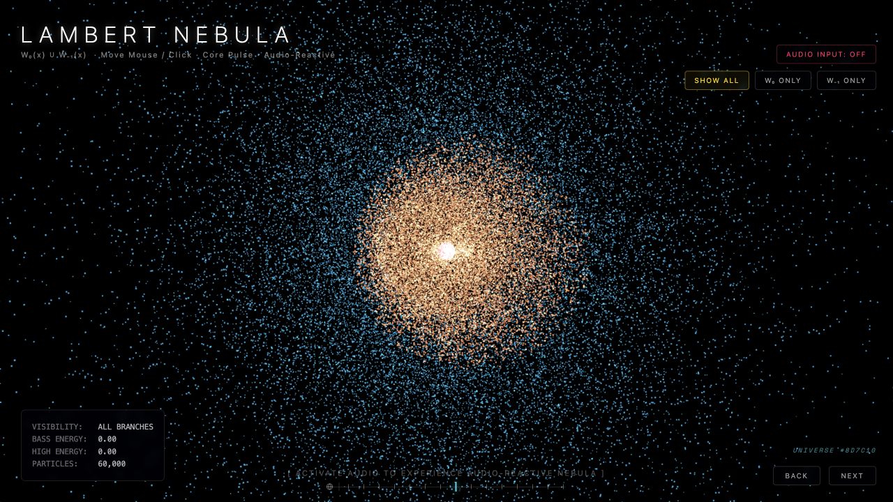 밝은 중심과 푸른 입자층으로 구성된 Lambert Nebula 실행 화면