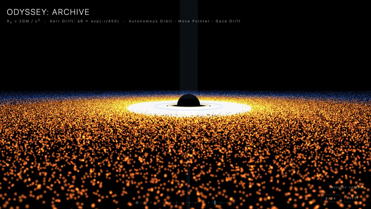 검은 중심을 둘러싼 빛의 원반을 보여주는 Odyssey: Archive 실행 화면
